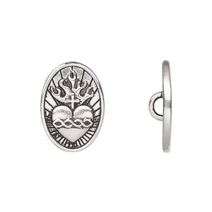 Button, TierraCast&reg;, antique silver-plated pewter, 19x13mm oval with sacred heart and closed loop. Sold per pkg of 20.