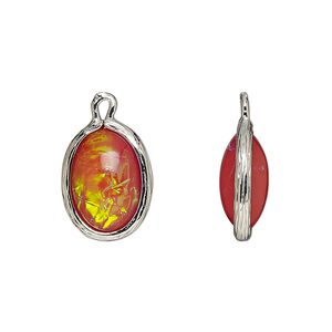 Drop, Opalized Ice&trade;, "opal" (resin) and imitation rhodium-finished brass, opaque orange, 16x12mm double-sided oval .Sold per pkg of 4.