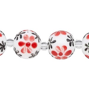 Bead, glass 1pkg8, multicolored, 14mm round with hand-painted flower.