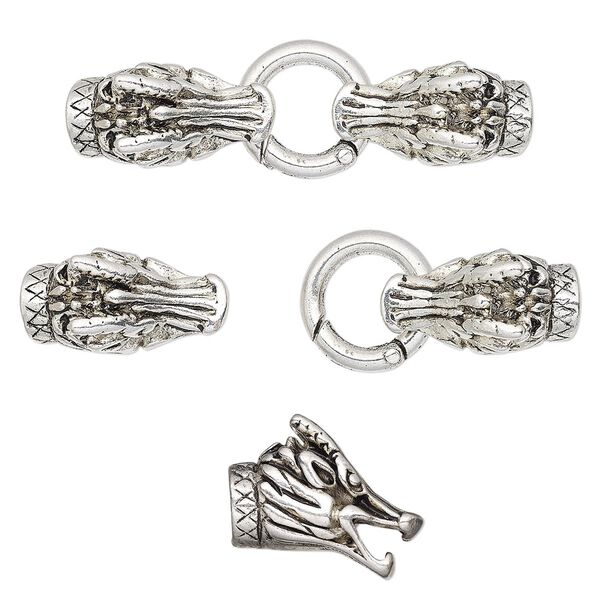 Clasp self-closing 1pkg1 "pewter" (zinc alloy), 65x20mm / 20mm jump ring / fits 7-8mm cord, antique silver-finished 1-strand image number 0