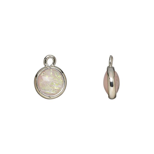 Drop, Opalized Ice&trade;, "opal" (resin) and imitation rhodium-finished brass, opaque light pink, 9.5mm double-sided round. Sold per pkg of 6. image number 0