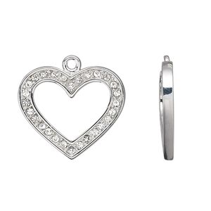 Charm, imitation rhodium-plated pewter (tin-based alloy) and Czech glass rhinestone, clear, 22x22mm open heart. Sold individually.