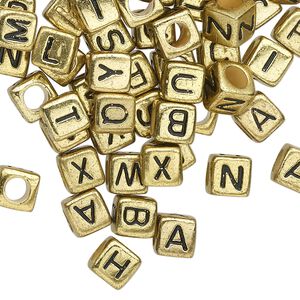Bead mix, acrylic, opaque gold and black, 6mm cube with alphabet letters. Sold per pkg of 100.
