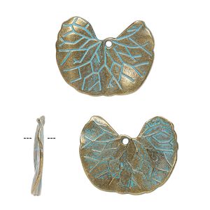 Charm, antique brass-finished "pewter" (zinc-based alloy), green patina, 27x22mm ginkgo leaf. Sold per pkg of 4.