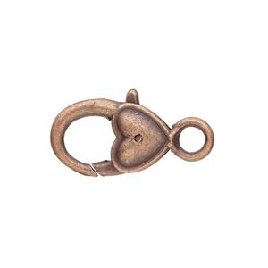 Clasp lobster claw 1pkg6 copper-plated "pewter" (zinc alloy), 21x12.5mm double-sided heart, antique 1-strand