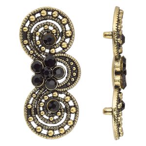 Spacer, antiqued gold-finished "pewter" (zinc-based alloy) and Czech glass rhinestone, black, 39x17mm 2-strand fancy double circle. Sold per pkg of 4.