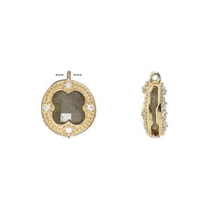 Drop, labradorite (natural) / cubic zirconia / gold-finished sterling silver, clear, 12mm two-sided faceted round. Sold individually.