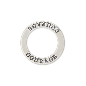 Charm, antiqued sterling silver 1pkg1, 22mm double-sided open round with "COURAGE."