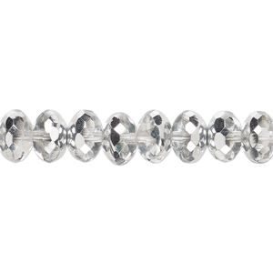 Bead, Czech fire-polished glass, translucent metallic silver, 9x5mm faceted rondelle. Sold per 15-1/2" to 16" strand.