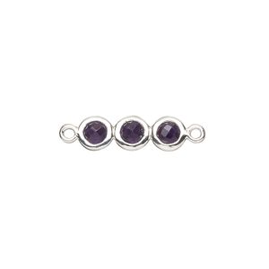 Link, sterling silver and amethyst (natural), 18x6mm double-sided overall with 6mm faceted round, Mohs hardness 7. Sold individually.