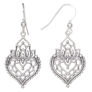 Earring, Create Compliments&reg;, antiqued sterling silver 1pkg2, 48mm lotus flower and heart with cutout design and fishhook ear wire, 21 gauge. One pair.