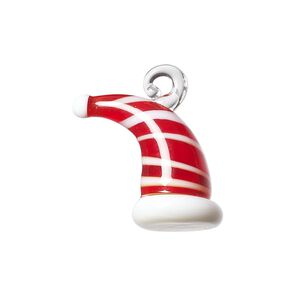 Drop, lampworked glass, red and white, 19x16mm 3D hat. Sold individually.