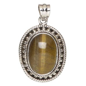 Pendant, tigereye (natural) and antiqued sterling silver, 33x28mm beaded oval. Sold individually.