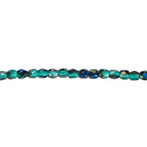 Bead, Czech fire-polished glass, green blue iris, 3mm faceted round. Sold per pkg of 1,200 (1 mass).