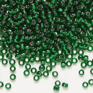Seed bead, Dyna-Mites&trade;, glass, silver-lined translucent emerald green, #8 round. Sold per 1/2 kilogram pkg.