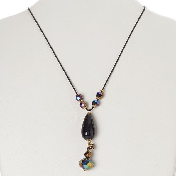 Necklace, glass / waxed cotton cord / gold-finished brass / steel, black and purple iris, 2-1/2 inch dangle, 16 inches with lobster claw clasp. Sold individually. image number 0