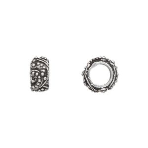 Bead 1pkg4 silver-plated, 11x6mm beaded tube / beaded swirls, white brass antique