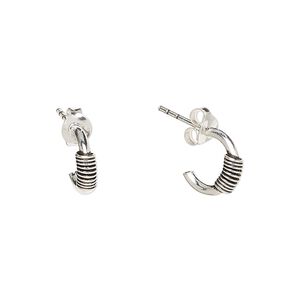 Earstud, Create Compliments&reg;, antiqued sterling silver, 10.5mm half hoop with wire-wrapped design. Sold per pair.