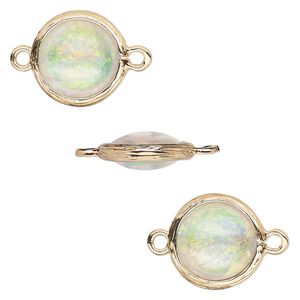 Link, Opalized Ice&trade;, "opal" (resin) and gold-finished brass, white, 14mm double-sided round. Sold per pkg of 4.