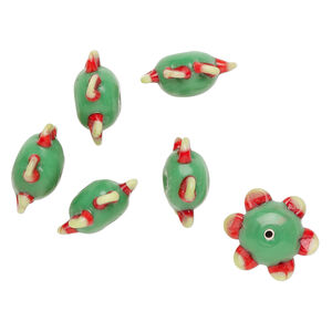 Bead, lampworked glass 1pkg6, opaque green / red, 21x10mm flower.