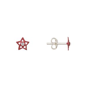 Earstud, Create Compliments&reg;, enamel and sterling silver, red, 6mm star. Sold per pair.