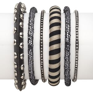 Bracelet mix, bangle, wood (dyed) / plastic / polyester / antiqued silver-finished steel, black and silver, 3-10.5mm wide with mixed design, 8 inches. Sold per 6-piece set.