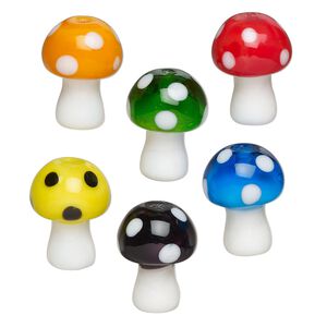 Bead assortment, lampworked glass, opaque white and mixed colors, 16.5x12mm mushroom. Sold per pkg of 6.