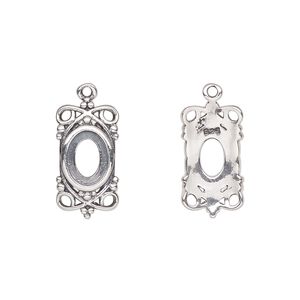 Drop, antiqued sterling silver, 18x9mm overall with 8x6mm oval setting and filigree design with open back. Sold individually.