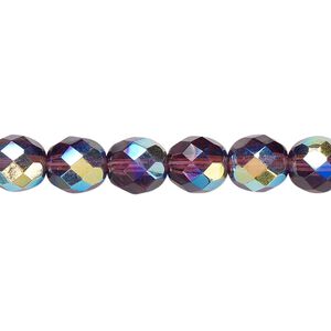 Bead, Czech fire-polished glass, amethyst purple AB, 8mm faceted round. Sold per pkg of 600 (1/2 mass).