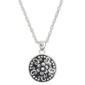 Necklace, Create Compliments&reg;, sterling silver and enamel, black, 15mm round with flower and dots design, adjustable at 18 and 20 inches with springring clasp. Sold individually.