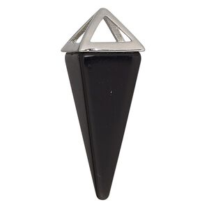 Black obsidian / "pewter" (zinc-based alloy) 1pkg1, imitation rhodium-finished hand-cut 4-sided point focal natural 36x15mm-42x15mm