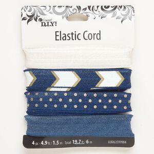 Ribbon assortment 1pkg4 elastic and nylon, blues / white / gold, 15-16.5mm flat, 1.5-meter sections.