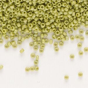 Seed bead, Miyuki, glass, pkg/35g, #15 rocaille, opaque matte rainbow seaweed green, (RR-4697).