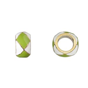 Bead 1pkg1 gold-finished "pewter", 13x7mm rondelle, enamel lime green & white Dione&reg;