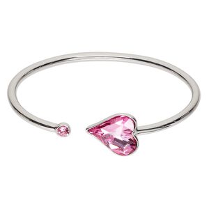 Bracelet, cuff, Everyday Jewelry&trade;, Crystal Passions&reg; and silver-plated "pewter", rose, 17mm wide asymmetrical heart, 7 inches. Sold individually.