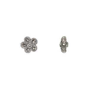 Bead 1pkg1 sterling silver / marcasite natural, 8.5mm flower