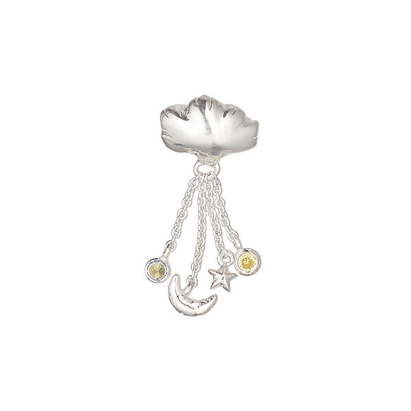 Bead 1pkg1 sterling silver, 25x10.5mm / 10.5x7mm cloud, single-sided, yellow cubic zirconia image number 0