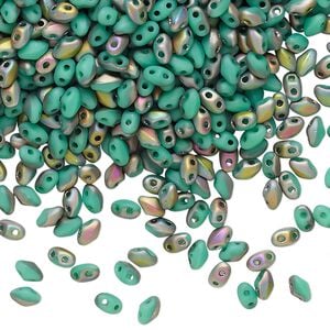Bead, Preciosa Mini Twin&trade;, Mini Pressed Twin, Czech pressed glass, opaque matte turquoise green vitrail, 4x2.5mm oval with (2) 0.7mm holes. Sold per 10-gram pkg.