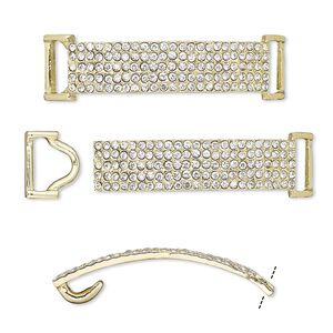 Clasp hook 1pkg2 gold-finished "pewter" (zinc alloy), 49x13mm curved rectangle / fits 10x3.5mm cord, clear rhinestone 1-strand