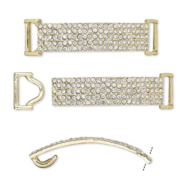 Clasp hook 1pkg2 gold-finished "pewter" (zinc alloy), 49x13mm curved rectangle / fits 10x3.5mm cord, clear rhinestone 1-strand image number 0