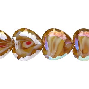 Bead, millefiori glass, marbled amber yellow AB, 16x16mm faceted heart. Sold per 8-inch strand, approximately 10 beads.