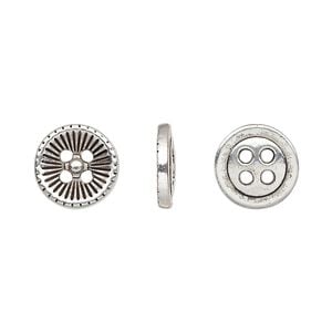 Button, antiqued silver-finished "pewter" (zinc-based alloy), 11.5mm single-sided corrugated round. Sold per pkg of 50.
