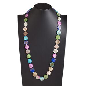 Necklace, mother-of-pearl shell (dyed / coated) 1pkg1, multicolored AB, 20mm flat round, 34-inch knotted continuous loop.