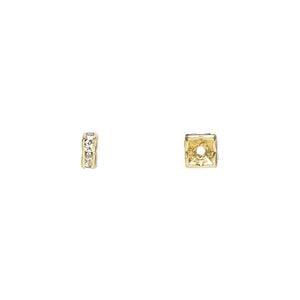 Bead 1pkg10 gold-finished, 4x2mm squaredelle, brass / clear rhinestone