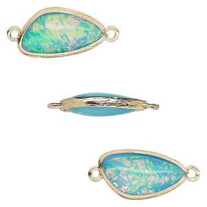 Link, Opalized Ice&trade;, "opal" (resin) and gold-finished brass, light blue, 19.5x11mm double-sided wing. Sold per pkg of 4.
