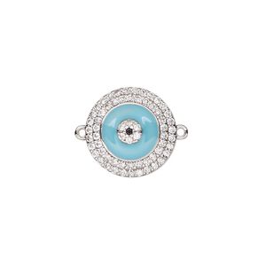 Link, silver-finished brass / cubic zirconia / enamel, clear and blue, 15mm single-sided round. Sold individually.