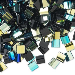 Seed bead, TILA&reg;, glass, pkg/250g, 5mm full tila square, opaque rainbow jet, (TL-4555).