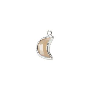 Drop sterling silver peach moonstone 1pk 11x8mm hand-cut faceted 2-sided half moon, natural