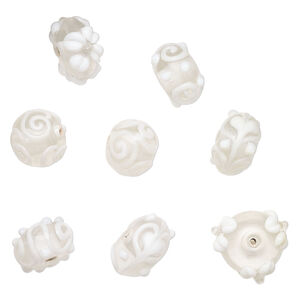 Bead assortment, lampworked glass 1pkg8, clear / opaque white, 16mm/20mm round.