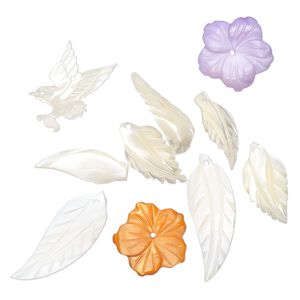 Drop and component mix, mother-of-pearl shell (natural / bleached / dyed) 1pkg10, multicolored, 17x17mm-30x11mm multi-shape.